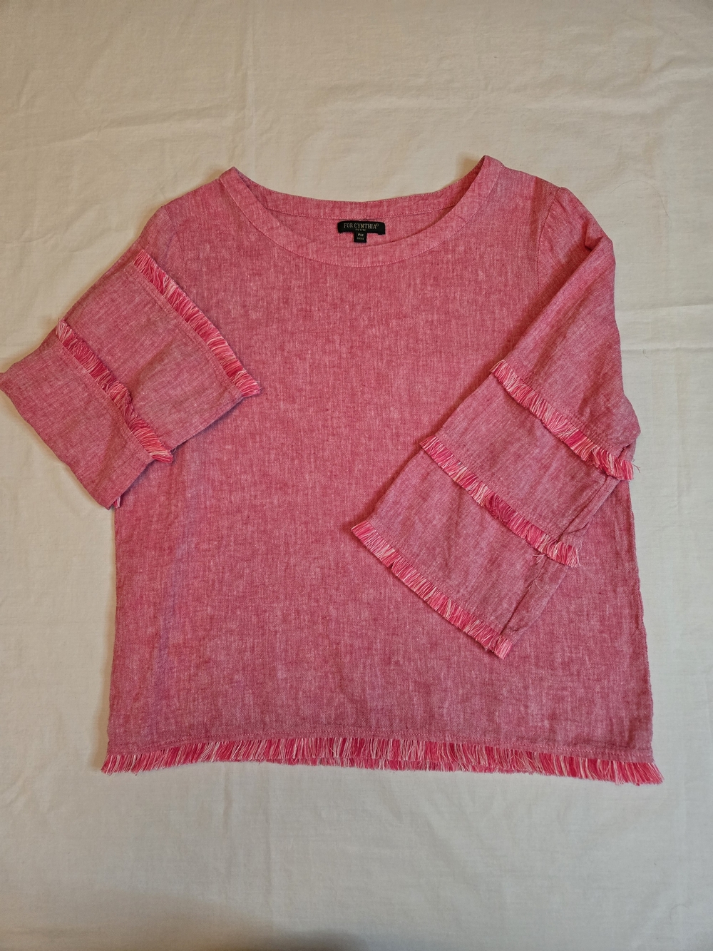 For Cynthia Hot Pink Linen Blend Top with Fringe Detail